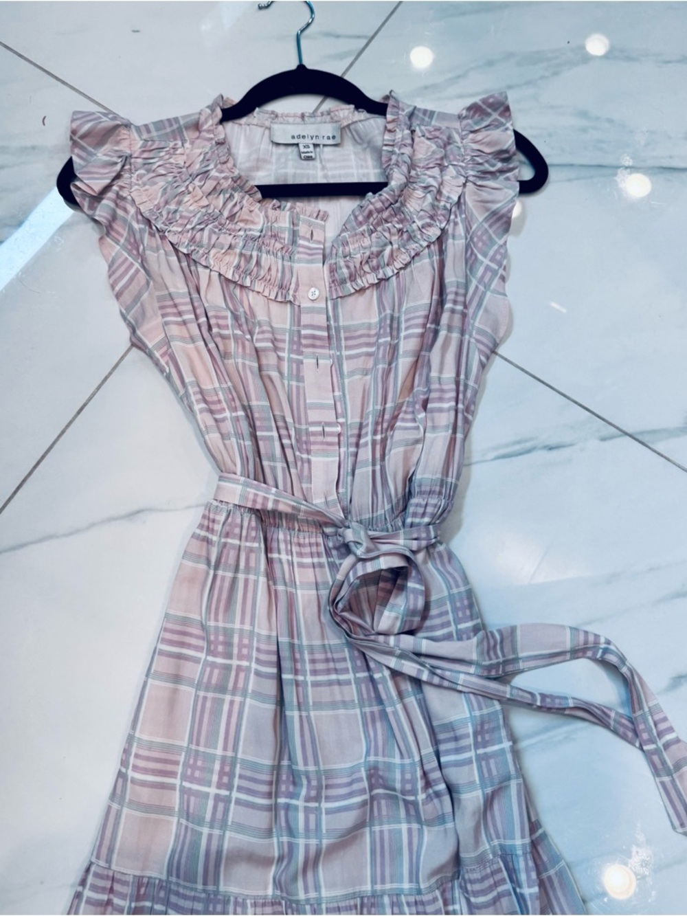 Adelyn Rae Sleeveless Pink Plaid Ruffle Midi Dress with Waist Tie, XS - Picture 8 of 10